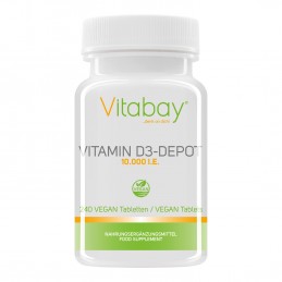 Vitabay Vitamina D3 - 10.000 UI - 240 Tablete vegane Beneficii Vitamina D3: ajuta la mentinerea sanatatii oaselor, suport pentru