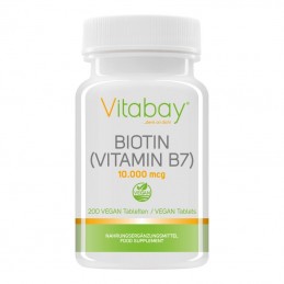 Biotina 10.000 mcg - 10 mg - 200 Tablete, Vitabay Biotina 10.000 beneficii: promoveaza sanatatea pielii, parului si a unghiilor,