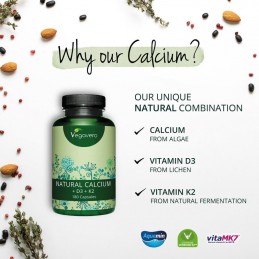 Vegavero Calciu natural cu Vitaminele D3 si K2 180 Capsule Calciu natural vegan cu Vitamina D3 și Vitamina K2, in plus față de f