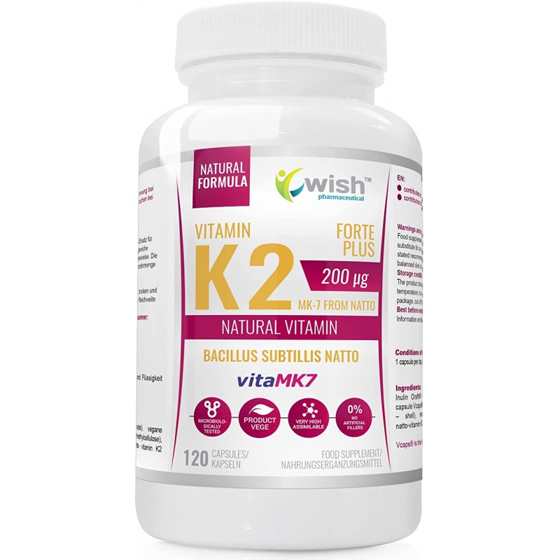 Wish Vitamin K2 Mk-7 Natto 200mcg - 120 Capsule BENEFICII VITAMINA K2 MK7: sustine sanatatea oaselor, promoveaza o buna circulat